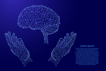 Brain, human organ and two holding, protecting hands from futuristic polygonal blue lines and glowing stars for banner, poster, greeting card.