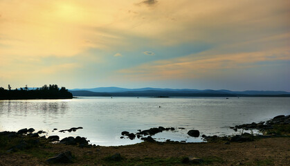 Beautiful night forest lake, sunset, option.