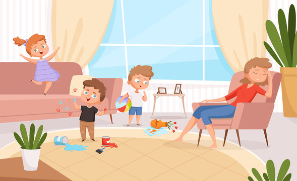 Active kids. Games in living room hyperactive messy kids playing and making troubles on sofa angry parents vector cartoon characters. Activity characters, people mother and kids illustration