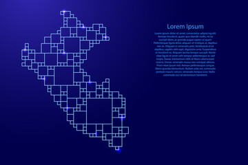Peru map from blue pattern from a grid of squares of different sizes and glowing space stars. Vector illustration.