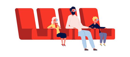 People in cinema. Father, children watch movie. Flat viewers with drink in theater. Cartoon man kids 3d glasses, weekend entertainment vector illustration. Cinema family, entertainment movie premiere
