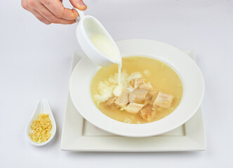 A bowl of food on a table