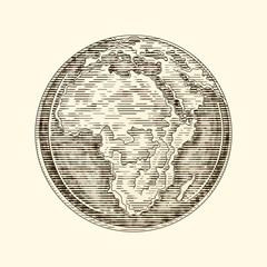 Globe Earth Africa a continent. Vintage vector engraving illustration. Hand drawn design element isolated