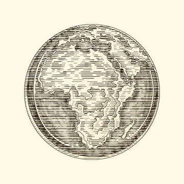 Globe Earth Africa a continent. Vintage vector engraving illustration. Hand drawn design element isolated