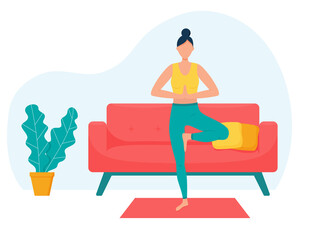 The girl practices yoga at home. The concept of yoga classes at home. A woman in the pose of G. yoga Practice.Healthy lifestyle. Female cartoon character in a living room with furniture. flat style