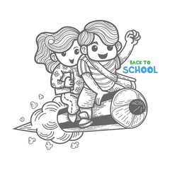 children riding pencil back to school line drawing vector illustration