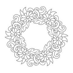 Doodle elegance border icon isolated on white. Outline flower with leaf frame for wedding design, card. Floral hand dwawing art line. Sketch vector stock illustration. EPS 10