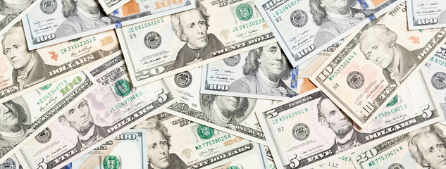 Top view of various dollar cash background. Different banknotes concept. Wealth and rich concept
