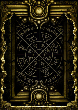 Fantasy magic ornamental background with a frame/ Illustration decorative frame with monsters bodies and mystic symbols. Digital painting