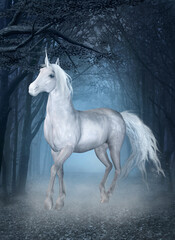 Plakat White unicorn running free in the blue magic misty forest