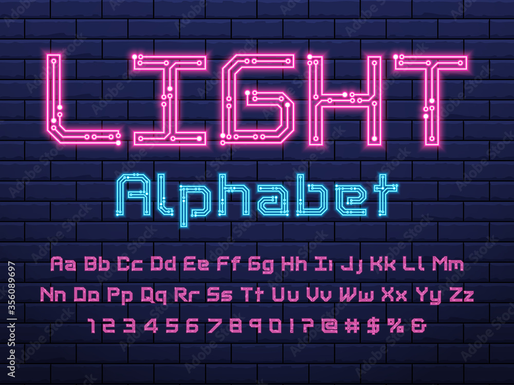 Poster digital circuit style neon alphabet design with uppercase, lowercase, numbers and symbols
