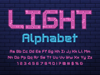 Digital circuit style neon alphabet design with uppercase, lowercase, numbers and symbols