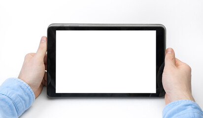 Male hands holding digital tablet blank screen horizontally on white background. Take your screen to put on advertising