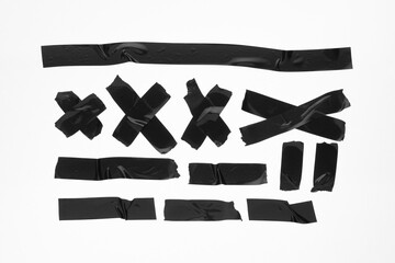 Black adhesive duct tape isolated on white background, collection.