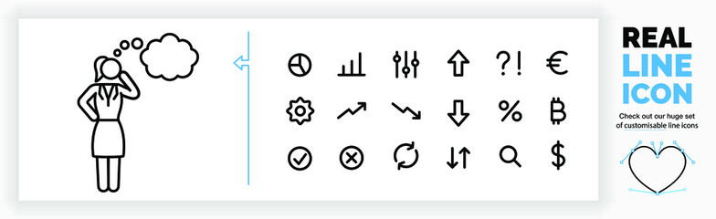 Editable line icon of a woman thinking about something