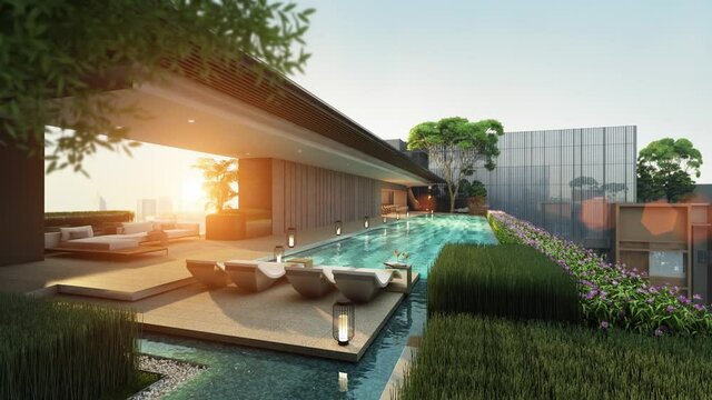 3d animation of rooftop swimming pool at sunse