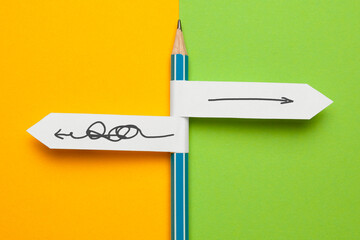 Pencil - direction indicator - order and chaos. Reorganization and analysis, choosing right...