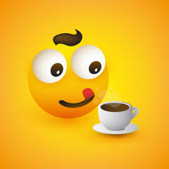 Smiling Emoticon with a Cup of Coffee, Pop Out Eyes and Outstretched Tongue - Simple Shiny Happy Emoticon on Yellow Background - Vector Design