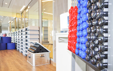 Staying fit with free weights in gym or fitness center on modern cruiseship or cruise ship liner	