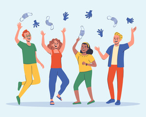 Group of four friends celebrating the end of the pandemic, laughing and throwing their surgical masks and gloves into the air. Hand drawn vector illustration.
