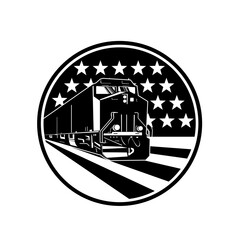 American Diesel Locomotive Train Front View With USA Stars and Stripes Flag Retro