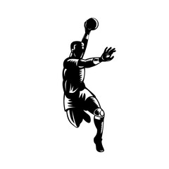 European Handball Player Jumping Scoring Woodcut Black and White