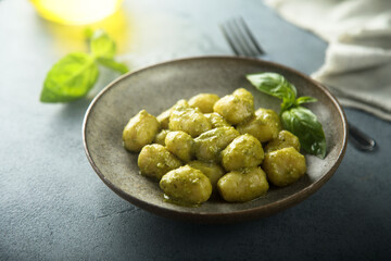 Homemade gnocchi with pesto sauce