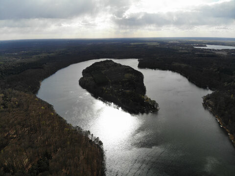 Aerial view of lake Liepnitzsee with island Gro&szlig;er Werder. The lake is located in the municipalities of Wandlitz and Bernau at Berlin, Brandenburg. 