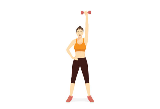 Sport Women in akimbo pose doing Fitness with Single Arm Overhead Press Dumbbell. Illustration about Exercise training target to Arms muscles. front view.