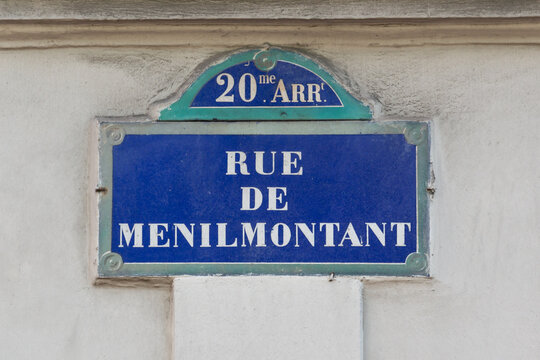 Paris street sign rue de Menilmontant, France
