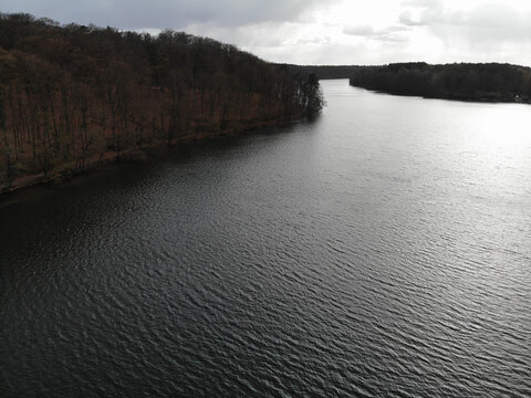 Aerial view of lake Liepnitzsee with island Gro&szlig;er Werder. The lake is located in the municipalities of Wandlitz and Bernau at Berlin, Brandenburg. 