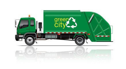 VECTOR EPS10 - green garbage truck, waste disposal truck, isolated on white background.