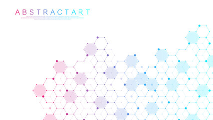 Abstract medical background DNA research, molecule, genetics, genome, DNA chain. Genetic analysis art concept with hexagons, waves, lines, dots. Biotechnology network concept molecule, vector