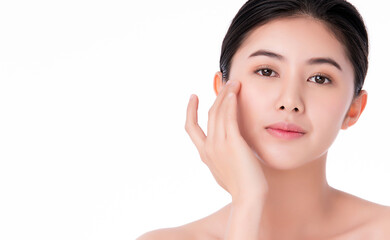 Obraz na płótnie Canvas Beautiful Young asian Woman touching her clean face with fresh Healthy Skin, isolated on white background, Beauty Cosmetics and Facial treatment Concept.