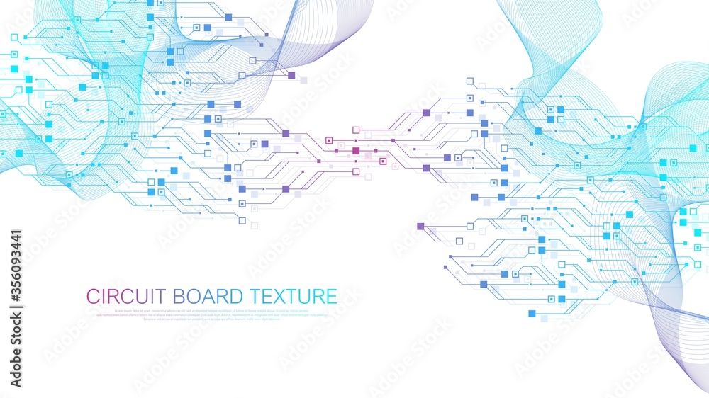 Poster Technology circuit board texture background. Abstract circuit board banner wallpaper. Digital data industry. Engineering electronic motherboard. Wave flow, vector illustration.