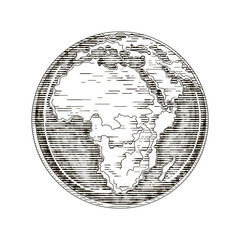 Globe outline drawing. Africa continent. Vector illustration engraving style on white background