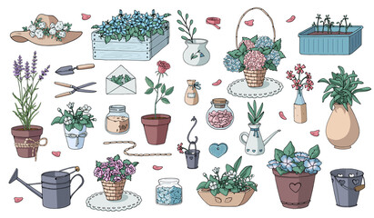 Romantic vector set of decorative garden elements. Big collection of different flower pots and flowers for gardening and interior. Shabby chic style. Vector illustration. Pastel colors. © Diana