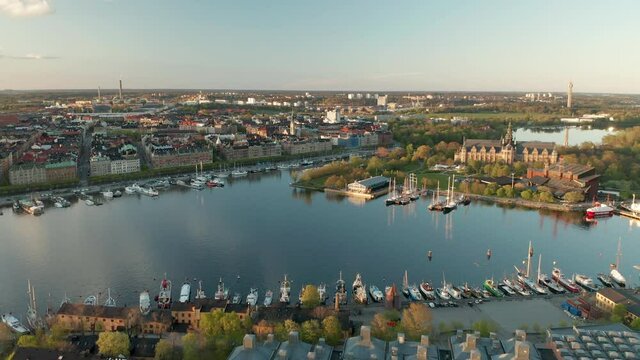 Stockholm Ostermalm & Djurgarden aerial view during sunset. 