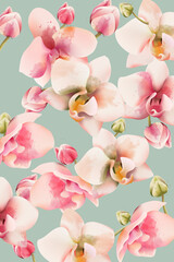 Orchid bouquet pattern background. Watercolor. Spring flowers