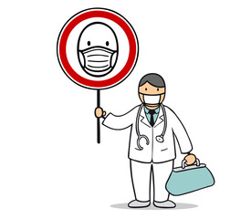 Arzt mit Mundschutz hält Maskenpflicht Zeichen