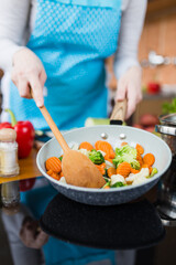 Young housewife holding pan with various vegetables and mixing spoon. Vegetarian food cooking.
