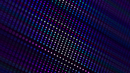 Glowing neon dots background. Colored music pattern. Big data digital code. 3D rendering