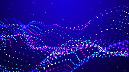 Lights background. Colored music wave. Big data digital code. Futuristic dots Illustration. 3D