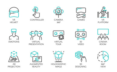 Big set of line icons of augmented reality digital AR technology future. 15 vector labels isolated on a white background. Symbols of virtual modeling, simulation, 3d video, presentation and other.