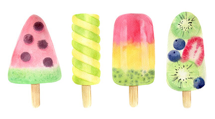 А bright watercolor illustration of fruit ice cream.  A set of four elements on a white background. 