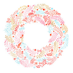Flower wreath. Pink and blue branches, pink flowers and hearts. Watercolor, handmade on a white background.
