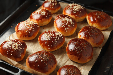Fresh hot sweet buns with sesame seeds from the oven, homemade bakery.