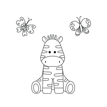 Cute kids coloring book with funny Zebra and butterflies. Simple shapes, childish outline, template for a postcard. Cartoon vector illustration.