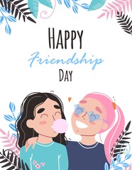 Portrait of smiling girls. Happy friends holding each other. Happy friendship day.