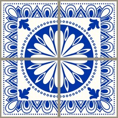 Majolica pottery tile, blue and white azulejo, original traditional Portuguese and Spain decor. Seamless patchwork tile with Victorian motives. Vector